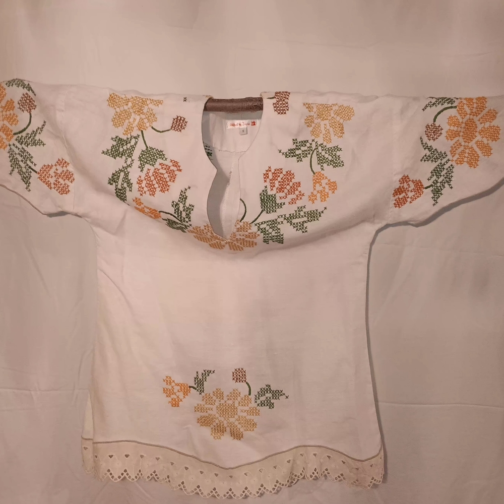 Upcycled Embroidered Floral Beige Tunic